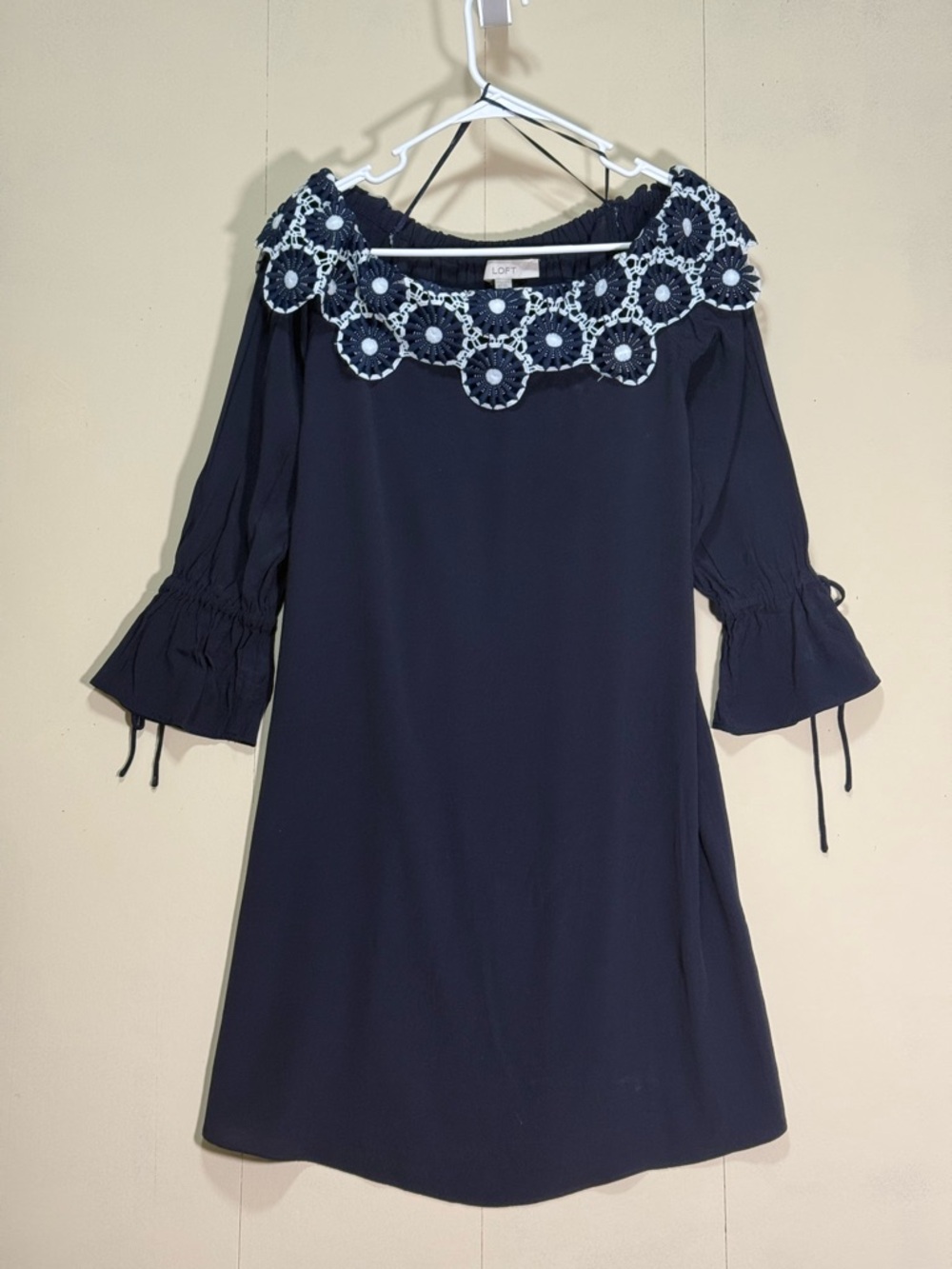 LOFT Navy Off-Shoulder Midi Dress with Crochet Yoke Women’s Sz XS